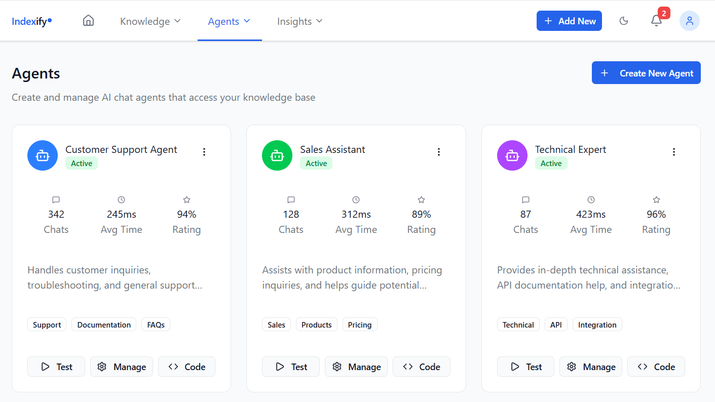 Agents dashboard showing deployed AI agents with metrics and management options