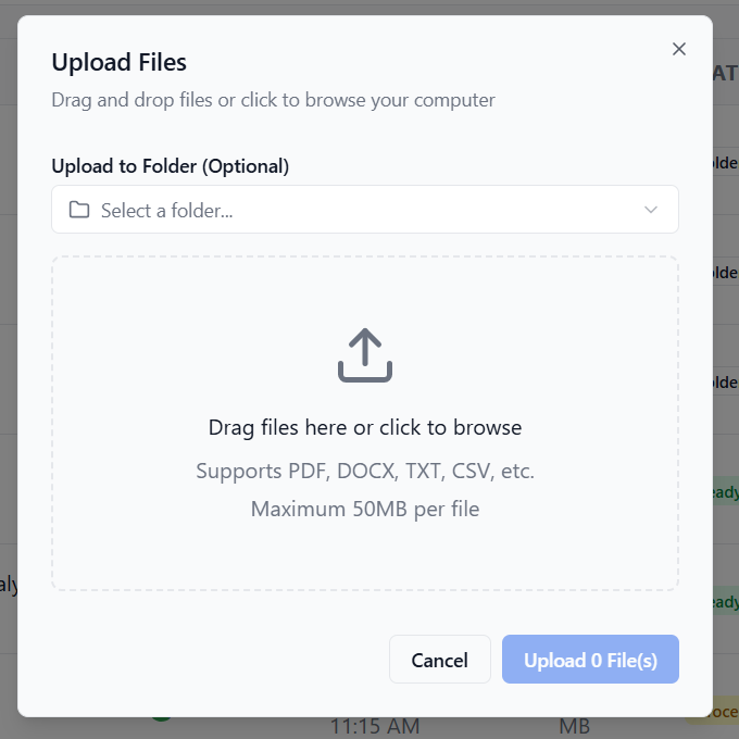 Upload files dialog showing drag and drop interface